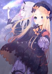 Rule 34 | 2girls, abigail williams (fate), bags under eyes, black bow, black dress, black hat, blonde hair, bloomers, blue eyes, blush, bow, bug, butterfly, closed mouth, dress, eyes visible through hair, falling star, fate/grand order, fate (series), hair bow, hair over one eye, hat, horns, hoshino ruru, hugging object, insect, long hair, long sleeves, looking at viewer, multiple girls, orange bow, pale skin, parted bangs, pink eyes, polka dot, polka dot bow, profile, shooting star, single horn, sky, sleeves past wrists, smile, star (sky), starry sky, stuffed animal, stuffed toy, teddy bear, underwear, very long hair, white bloomers, white hair
