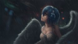 Rule 34 | album cover, angel, angel wings, bare shoulders, blue hair, blurry, blurry background, bra, bra visible through clothes, breasts, cleavage, commission, cover, dark, dress, headphones, highres, phyrnna, profile, rain, sad, see-through, short hair, solo, sundress, tmiracle, underwear, wallpaper, wet, white dress, white wings, wings, yellow eyes