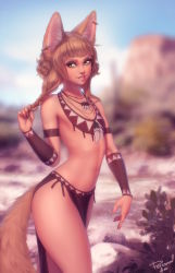 Rule 34 | 1girl, animal ears, arm strap, artist name, blonde hair, blunt bangs, blurry, blurry background, braid, breasts, commentary, cowboy shot, day, earrings, english commentary, erection, fingernails, flat chest, fox ears, fox girl, fox tail, grin, hair half undone, highres, hoop earrings, jewelry, khiara (personal ami), looking at viewer, medium hair, navel, necklace, nude, original, outdoors, pelvic curtain, personal ami, pink lips, plant, playing with own hair, public indecency, sharp fingernails, side braids, sideways glance, slit pupils, smile, solo, tail, tooth necklace, walking, yellow eyes