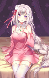 Rule 34 | 10s, 1girl, alternate costume, althea (sakiya0000), bare shoulders, blunt bangs, blush, braid, braided ponytail, breasts, butterfly hair ornament, closed mouth, dress, emilia (re:zero), eyebrows, flower, garter straps, gem, glowing, hair flower, hair ornament, hair ribbon, hand on own chest, head tilt, highres, indoors, jewelry, lace, light particles, long hair, long sleeves, looking at viewer, md5 mismatch, medium breasts, on bed, pink dress, purple eyes, re:zero kara hajimeru isekai seikatsu, red ribbon, revision, ribbon, silver hair, single braid, sitting, smile, snowflakes, solo, thighhighs, very long hair, white thighhighs, wide sleeves