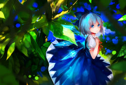 Rule 34 | 1girl, blue eyes, blue hair, blurry, bow, cirno, depth of field, dress, eyelashes, hair bow, hands on own chest, highres, jmjmjm (jm648223960), lips, looking at viewer, matching hair/eyes, outdoors, parted lips, ribbon, short hair, short sleeves, solo, touhou, tree, wings