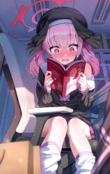 Rule 34 | 1girl, black hat, black wings, blue archive, blush, book, chair, commentary, embarrassed, halo, hat, highres, holding, holding book, koharu (blue archive), library, medium hair, off-shoulder shirt, off shoulder, on chair, open mouth, pink eyes, pink hair, reading, red halo, school uniform, shirt, sitting, socks, solo, superpig, twintails, wavy mouth, winged hat, wings