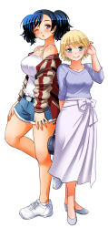 2girls ;o adjusting_hair bag bare_legs bare_shoulders black_hair blonde_hair blue_eyes blue_shirt blue_shorts blush breasts camisole closed_mouth collarbone commentary_request denim denim_shorts full_body grey_footwear grey_skirt hand_on_own_thigh highres holding holding_bag jacket kuzuryuu_irina large_breasts long_sleeves looking_at_viewer medium_breasts medium_hair multiple_girls off_shoulder one_eye_closed parted_lips red_jacket samejima_reona shirt shoes short_hair shorts simple_background skirt smile sogabe_toshinori standing standing_on_one_leg twintails white_background white_camisole white_footwear yankee_jk_kuzuhana-chan