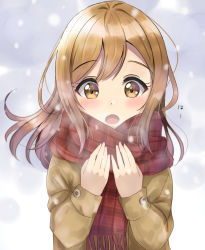 Rule 34 | 1girl, blush, brown coat, brown eyes, brown hair, coat, commentary request, fringe trim, hands up, highres, kunikida hanamaru, long hair, long sleeves, love live!, love live! school idol festival, love live! sunshine!!, open mouth, plaid, plaid scarf, red scarf, scarf, sin (sin52y), snowing, solo, upper body, winter