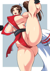 Rule 34 | 1girl, ass, blush, breasts, brown eyes, brown hair, cameltoe, covered erect nipples, fatal fury, high ponytail, highres, huge breasts, kneepits, long hair, midriff peek, musashino sekai, ninja, no bra, open mouth, partially visible vulva, pelvic curtain, ponytail, puffy nipples, revealing clothes, shiranui mai, sideboob, solo, split, standing, standing on one leg, standing split, teeth, the king of fighters, thighs, upper teeth only