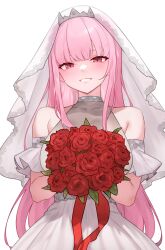 Rule 34 | 1girl, absurdres, alternate costume, armpit crease, bare shoulders, bluefield, blush, bouquet, bridal veil, covered collarbone, dress, flower, grin, halter dress, halterneck, highres, holding, holding bouquet, hololive, hololive english, long hair, looking at viewer, mori calliope, off-shoulder dress, off shoulder, pink eyes, pink hair, red flower, red rose, rose, simple background, smile, solo, tiara, upper body, veil, very long hair, virtual youtuber, wedding dress, white background, white dress
