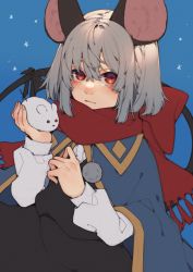 Rule 34 | 1girl, absurdres, adapted costume, animal ears, black skirt, black vest, blue background, blue cape, blush, bow, cape, commentary, grey hair, hand up, highres, holding, long sleeves, looking at viewer, mouse ears, mouse girl, nazrin, pom pom (clothes), prat rat, red eyes, red scarf, scarf, scarf bow, shirt, short hair, skirt, snow mouse, snowflakes, snowing, solo, tassel, touhou, upper body, vest, white shirt