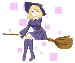 Rule 34 | 1girl, absurdres, alternate hairstyle, blonde hair, boots, broom, broom riding, brown eyes, cosplay, earrings, erable, full body, fullmetal alchemist, hand on own cheek, hand on own face, hat, highres, jewelry, little witch academia, long hair, open mouth, riza hawkeye, smile, solo, swept bangs, witch, witch hat