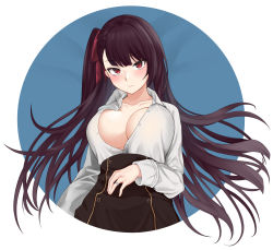 Rule 34 | 1girl, bed sheet, blush, breasts, cleavage, closed mouth, collared shirt, girls&#039; frontline, hair ribbon, hako reeema, highres, jewelry, large breasts, long hair, long sleeves, looking at viewer, lying, no bra, on back, one side up, open clothes, open shirt, outside border, purple ribbon, red eyes, ribbon, ring, round image, shirt, solo, upper body, very long hair, wa2000 (girls&#039; frontline), wedding band, white shirt