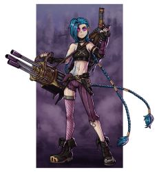 Rule 34 | 1girl, arcane: league of legends, arcane jinx, arm tattoo, bandaid, bandaid on leg, bare shoulders, belt, black choker, black footwear, black gloves, blue hair, blue nails, building, choker, closed mouth, collarbone, covered collarbone, dual wielding, dust, dust cloud, elbow gloves, fingerless gloves, fingernails, fishnet thighhighs, fishnets, gloves, glowing, glowing eyes, gun, henlp, highres, holding, holding gun, holding weapon, jinx (league of legends), league of legends, long fingernails, long hair, nail polish, navel, purple eyes, purple thighhighs, signature, single elbow glove, single thighhigh, smile, solo, standing, stomach tattoo, tattoo, thighhighs, torn, torn clothes, twintails, very long hair, weapon, weapon on back