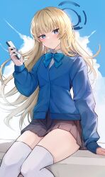 Rule 34 | 1girl, absurdres, black skirt, blonde hair, blue archive, blue bow, blue bowtie, blue cardigan, blue eyes, blue halo, blue nails, blush, bow, bowtie, cardigan, cellphone, closed mouth, cloud, cloudy sky, collared shirt, day, feet out of frame, fingernails, halo, highres, holding, holding phone, long hair, long sleeves, looking at viewer, nail polish, outdoors, phone, pleated skirt, shirt, skirt, sky, smartphone, solo, thighhighs, toki (blue archive), white shirt, white thighhighs, yum draw