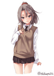 Rule 34 | 1girl, alternate costume, blush, brown eyes, brown necktie, brown skirt, brown vest, closed mouth, collared shirt, cropped legs, ebifurya, high ponytail, highres, kantai collection, light brown hair, long hair, long sleeves, necktie, pleated skirt, school uniform, shirt, simple background, skirt, smile, solo, twitter username, vest, white background, white shirt, zuihou (kancolle)