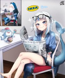 Rule 34 | 1girl, black eyes, bloop (gawr gura), blue hair, blue robe, blush, can, crossed legs, eyewear on head, fins, fish tail, gawr gura, glasses, head tilt, highres, holding, holding newspaper, holding weapon, hololive, hololive english, korean commentary, looking at viewer, multicolored hair, newspaper, photo-referenced, photo (medium), photo inset, polearm, qualthis, reference inset, robe, shark tail, sharp teeth, silver hair, sitting, smile, solo, sparkle, streaked hair, tail, teeth, trident, two side up, virtual youtuber, weapon, yagoo