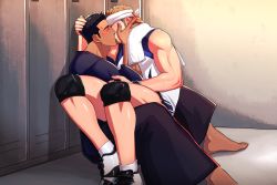 Rule 34 | 2boys, bara, black hair, blush, couple, dolphin shorts, fle0423, full body, hand on another&#039;s face, hand on another&#039;s head, headband, highres, interracial, kiss, knee pads, light brown hair, locker, locker room, long sideburns, male focus, multiple boys, muscular, muscular male, original, short hair, shorts, sideburns, sitting, sitting on person, sportswear, tears, towel, yaoi