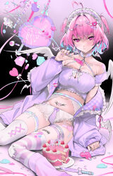 Rule 34 | 1girl, ahoge, angel wings, bandaid, bandaid hair ornament, bandaid on shoulder, bandaid on thigh, between breasts, blood, blood on arm, blue hair, blue nails, blush, boxcutter, breasts, cake, candy, character name, chest harness, choker, cleavage, cleavage cutout, clothing cutout, collarbone, collarbone piercing, colored inner hair, corset piercing, cursor, cutting, detached sleeves, drinking straw, earrings, feet out of frame, food, frilled jacket, frilled sleeves, frilled tube top, frills, fruit, gradient background, groin, hair intakes, hair ornament, harness, heart, heart-shaped pillow, heart ahoge, heart choker, heart hair ornament, heart-shaped lollipop, heart tattoo, highres, holding, holding candy, holding food, holding lollipop, idolmaster, idolmaster cinderella girls, injury, jacket, jacket partially removed, jewelry, knife, large breasts, leg tattoo, lollipop, long sleeves, looking at viewer, loose socks, maid headdress, mazamuno, milk carton, mini wings, multicolored hair, nail polish, navel, pill hair ornament, pillow, pink eyes, pink hair, pink nails, pink socks, pink thighhighs, pout, pubic tattoo, puffy long sleeves, puffy sleeves, purple jacket, purple nails, purple tube top, scissors, self-harm, shaped lollipop, short hair, sitting, socks, solo, stomach, strapless, strawberry, strawberry shortcake, striped clothes, striped thighhighs, stuffed toy, syringe, tattoo, thigh strap, thighhighs, tube top, two-tone hair, two side up, white thighhighs, wings, yami kawaii, yumemi riamu