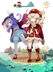 Rule 34 | &gt; &lt;, 2girls, :d, > <, absurdres, amulet, arm up, backpack, bag, beach, bead necklace, beads, black footwear, bloomers, boat, boots, brown footwear, brown gloves, brown scarf, cabbie hat, cape, carrying, chibi, clover print, coat, coin hair ornament, cone, crab, dodoco (genshin impact), closed eyes, full body, gameplay mechanics, genshin impact, gloves, hair ornament, hat, hat feather, hat ornament, highres, holding, imagining, jewelry, jiangshi, jumpy dumpty, klee (genshin impact), knee boots, kneehighs, light brown hair, long sleeves, low twintails, mary janes, multiple girls, necklace, ofuda, open mouth, parted lips, pocket, pointy ears, purple eyes, purple hair, qingdai guanmao, qiqi (genshin impact), randoseru, red coat, red headwear, riding, ryu (17569823), scarf, shoes, smile, socks, sparkle, standing, standing on one leg, stretching, stuffed animal, stuffed toy, thighhighs, twintails, underwear, watercraft, white legwear, wide sleeves, xd, zettai ryouiki