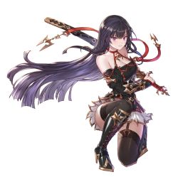 Rule 34 | black hair, boots, breasts, cleavage, cross-laced footwear, detached sleeves, fighting stance, full body, garter straps, gradient hair, hair between eyes, high heel boots, high heels, highres, holding, holding sword, holding weapon, katana, king&#039;s raid, knee boots, kneeling, lace-up boots, long hair, looking at viewer, medium breasts, miniskirt, multicolored hair, official art, on one knee, purple eyes, ready to draw, seria (king&#039;s raid), serious, sheath, sheathed, skirt, solo, sword, thighhighs, transparent background, weapon