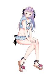 Rule 34 | &gt;:), 1girl, :&gt;, bikini, bikini skirt, black eyes, blue bikini, blush, breasts, cleavage, closed mouth, flower, geshumaro, hair ribbon, hands on own knees, highres, invisible chair, looking at viewer, nail polish, original, own hands together, pink flower, pink nails, purple hair, ribbon, sandals, shoe flower, simple background, sitting, smile, solo, swimsuit, toenail polish, toenails, toes, two side up, v-shaped eyebrows, white background