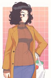 Rule 34 | 1girl, bag, breasts, brown eyes, brown hair, closed mouth, curly hair, frown, grocery bag, hand on own hip, hands up, highres, inkerton-kun, jacket, kawakami sadayo, looking to the side, medium breasts, medium hair, open clothes, open jacket, persona, persona 5, shopping bag, short hair, solo, standing, sweater, turtleneck, turtleneck sweater, wavy hair
