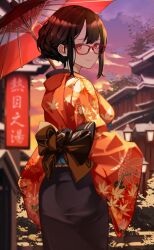 Rule 34 | 1girl, absurdres, architecture, ass, back bow, black bow, black hair, blush, bow, breasts, closed mouth, commission, cowboy shot, dusk, east asian architecture, glasses, gradient sky, hanahashi bagara, highres, holding, holding umbrella, japanese clothes, kimono, lantern, leaf print, long sleeves, looking at viewer, looking back, medium breasts, oil-paper umbrella, orange kimono, original, outdoors, pixiv commission, print kimono, red-framed eyewear, red eyes, short hair, sky, smile, translation request, umbrella, wide sleeves