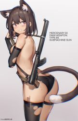 Rule 34 | 1girl, absurdres, animal ear fluff, animal ears, arm warmers, ass, back, barcode, barcode tattoo, bare shoulders, bikini, bilibili xiaolu, black bikini, black thighhighs, breasts, brown hair, cat ears, cat girl, cat tail, cowboy shot, extra ears, from behind, grin, gun, halterneck, highres, looking at viewer, looking back, medium breasts, original, red eyes, short hair, simple background, single thighhigh, smile, solo, standing, strap, submachine gun, suppressor, swimsuit, tail, tattoo, thigh strap, thighhighs, thighs, torn clothes, torn thighhighs, type 85 submachine gun, weapon, wet, white background