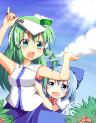 Rule 34 | 2girls, :d, armpits, arms up, bare arms, bare shoulders, blue eyes, blue hair, blue sky, blush, bow, breasts, cirno, cloud, collared shirt, d:, day, frog hair ornament, green eyes, green hair, groping, hair bow, hair ornament, ice, ice wings, kochiya sanae, long hair, medium breasts, multiple girls, nitizyo, open mouth, puffy short sleeves, puffy sleeves, shirt, short hair, short sleeves, skirt, sky, sleeveless, sleeveless shirt, smile, snake hair ornament, sun, surprised, touhou, wings