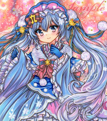 Rule 34 | 1girl, blue dress, blue eyes, blue gloves, blue hair, blue ribbon, bow, closed mouth, cowboy shot, crescent, crescent hair ornament, dress, frills, gloves, hair between eyes, hair ornament, hair ribbon, hatsune miku, headdress, light blue hair, light blush, long hair, long sleeves, looking at viewer, marker (medium), pink bow, pom pom (clothes), ribbon, rui (sugar3), sample watermark, smile, solo, standing, striped ribbon, traditional media, twintails, very long hair, vocaloid, watermark, wide sleeves, yuki miku, yuki miku (2023)