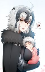 Rule 34 | 1boy, 1girl, ahoge, anger vein, armor, armored dress, baby, black dress, breasts, cape, carrying, child carry, commentary, dress, fate/grand order, fate (series), fur trim, gauntlets, ginhaha, headpiece, jeanne d&#039;arc (fate), jeanne d&#039;arc alter (avenger) (fate), jeanne d&#039;arc alter (avenger) (first ascension) (fate), jeanne d&#039;arc alter (fate), looking at viewer, medium breasts, mother and son, open mouth, revision, short hair, silver hair, simple background, sleeping, spoken x, upper body, white background, yellow eyes