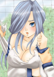 Rule 34 | blue eyes, blue hair, blush, breasts, cleavage, edgar valtinas, covered erect nipples, food, gender request, genderswap, hair over one eye, image sample, inazuma eleven, inazuma eleven (series), large breasts, long hair, pixiv sample, resized, soccer uniform, sportswear, torn clothes, uniform