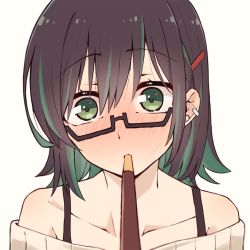 Rule 34 | black hair, blush, colored inner hair, earrings, food, food in mouth, glasses, green eyes, green hair, hair ornament, hairclip, holding, holding food, holding pocky, incoming pocky kiss, jewelry, kukie-nyan, mouth hold, multicolored hair, original, pocky, pocky day, pocky kiss, shared food, solo, two-tone hair
