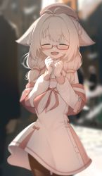 Rule 34 | 1girl, absurdres, animal ears, antenna hair, beret, blonde hair, blurry, blurry background, blush, brown pantyhose, closed eyes, commentary request, commission, dress, fox ears, glasses, hair between eyes, hair intakes, hat, highres, hoplitx, long hair, long sleeves, low twintails, open mouth, original, pantyhose, pink background, pink dress, pixiv commission, red-framed eyewear, solo, twintails, yukino ko (yukino shiratama)