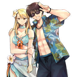 Rule 34 | 1boy, 1girl, alternate costume, armband, bikini, blonde hair, bow (weapon), bracelet, breasts, brown eyes, brown hair, cleavage, collarbone, commentary request, earrings, expressionless, flower, fullmetal alchemist, grabbing own arm, hair flower, hair ornament, hand on another&#039;s shoulder, hawaiian shirt, highres, hoop earrings, jewelry, large breasts, long hair, looking at viewer, medium breasts, midriff, navel, necklace, open clothes, riza hawkeye, roy mustang, sarong, shirt, short sleeves, simple background, smile, sunglasses, swimsuit, takafuji yuna, weapon, white background, yellow eyes