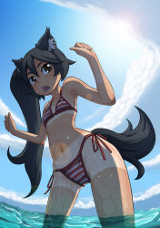 Rule 34 | 1girl, absurdres, animal ears, armpits, arms up, bikini, bikini tan, black hair, breasts, brown eyes, cloud, day, fangs, fisheye, from below, highres, jigoku inu, lens flare, long hair, navel, original, outdoors, perspective, shorts tan, side ponytail, sky, small breasts, solo, striped bikini, striped clothes, swimsuit, tail, tan, tanline, wading, water, wet, wide hips