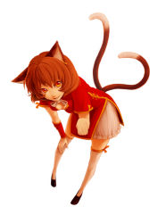Rule 34 | 1girl, animal ears, bad id, bad pixiv id, cat ears, cat girl, cat tail, chen, china dress, chinese clothes, dress, female focus, multiple tails, no headwear, orange eyes, orange hair, raming (0raming0), short hair, short sleeves, smile, solo, tail, touhou, white background