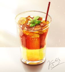 Rule 34 | artist name, cup, drink, drinking glass, drinking straw, english text, food focus, fusui, ice, ice cube, iced tea, leaf, liquid, no humans, original, signature, water drop