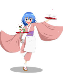 Rule 34 | 1girl, alternate costume, apron, arm up, bad id, bad pixiv id, blue eyes, blue hair, blush, carrying, cherry blossoms, fang, female focus, food, fruit, geta, glass, heterochromia, highres, ice, ice cream, japanese clothes, kimono, light particles, long sleeves, looking at viewer, matching hair/eyes, muginon, obi, open mouth, outstretched arm, parfait, pocky, red eyes, running, sash, shadow, short hair, simple background, soda, solo, strawberry, tabi, tatara kogasa, touhou, tray, wafer, water, white background, white legwear, wide sleeves