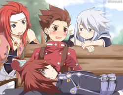 Rule 34 | 00s, 4boys, ^^^, age difference, bare shoulders, belt, bench, blue eyes, blush, bodysuit, bowl, brown eyes, brown hair, buttons, cherry, cloud, embarrassed, father and son, food, fruit, genius sage, gloves, grey hair, headband, kratos aurion, kurot, lloyd irving, long hair, lying, male focus, mieu (tales), multiple boys, open mouth, pants, profile, red eyes, red hair, short hair, sitting, sky, spiked hair, surprised, suspenders, sweatdrop, tales of (series), tales of symphonia, tree, white hair, zelos wilder