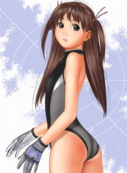 Rule 34 | 1girl, ass, brazen, brown eyes, brown hair, gloves, long hair, looking back, one-piece swimsuit, open mouth, original, solo, swimsuit