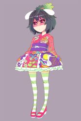 Rule 34 | 1girl, alternate costume, animal ears, animal print, black hair, blush, carrot, female focus, food-themed clothes, food as clothes, frills, full body, green pantyhose, hair ornament, hamaburicchi, highres, inaba tewi, japanese clothes, kimono, kimono skirt, looking at viewer, mary janes, multicolored clothes, multicolored legwear, obi, pantyhose, rabbit ears, rabbit print, red eyes, sash, shoes, short hair, simple background, solo, standing, striped clothes, striped pantyhose, touhou