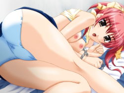 Rule 34 | 1girl, ass, bent over, blush, breasts, brown eyes, cuffs, game cg, handcuffs, lying, nipples, on side, open mouth, panties, red hair, saitou kaho, short hair, solo, tesuta ~teach &amp; study~, underwear, yamura kazumi