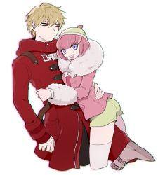 Rule 34 | 1boy, 1girl, :d, ando ruruka, ass, bang (gesture), beanie, blonde hair, boots, coat, danganronpa (series), danganronpa 3 (anime), finger gun, fur-trimmed jacket, fur trim, gloves, hair between eyes, hat, hug, izayoi sounosuke, jacket, long sleeves, looking at another, looking at viewer, open mouth, pink eyes, pink hair, pink jacket, red coat, red eyes, shimada (dmisx), short hair, shorts, simple background, sleeves past wrists, smile, teeth, thighhighs, upper teeth only, white background, winter clothes