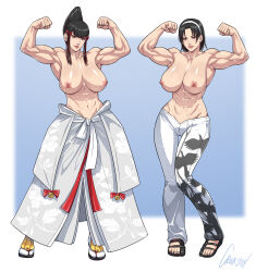 Rule 34 | 2girls, abs, absurdres, alternate muscle size, animal print, beehive hairdo, biceps, bird print, black hair, breasts, cirenk, clenched hands, commission, deltoids, eyeliner, female focus, flexing, floral print, full body, gluteal fold, grey hakama, hair ribbon, hairband, hakama, highres, huge breasts, japanese clothes, kazama jun, looking at viewer, makeup, mature female, mishima kazumi (tekken), mole, mole under eye, multiple girls, muscular, muscular female, navel, nipples, pants, print hakama, print pants, red eyeliner, red ribbon, ribbon, sagging breasts, sandals, shiny skin, short hair, sidelocks, signature, socks, tabi, tekken, tekken 7, tekken 8, thigh gap, time paradox, toeless footwear, topless, trait connection, triceps, updo, white hairband, white pants, white socks