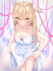 Rule 34 | 1girl, ahoge, animal ears, auroraescientia, bare arms, bare shoulders, blurry, blush, breasts, brown hair, closed mouth, clothes lift, collarbone, crossed bangs, dated, depth of field, dress, dress lift, frilled dress, frills, highres, indie virtual youtuber, lifting own clothes, lion ears, lion girl, lion tail, long hair, looking at viewer, no panties, rurudo lion, rurudo lion (1st costume), sidelocks, signature, sleeveless, sleeveless dress, small breasts, smile, solo, standing, sundress, tail, virtual youtuber, white dress, yellow eyes