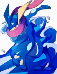 Rule 34 | arm behind back, covered mouth, creatures (company), full body, game freak, gen 6 pokemon, greninja, kou11021301, looking ahead, nintendo, no humans, pokemon, pokemon (creature), red eyes, solo, squatting, tongue, tongue out, v-shaped eyebrows, waves, white background