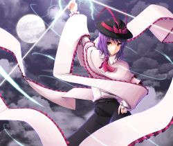 Rule 34 | 1girl, cloud, female focus, frills, gayprince, hand on own hip, hat, highres, lightning, moon, nagae iku, outdoors, purple hair, red eyes, ribbon, saturday night fever, shawl, sky, solo, standing, touhou