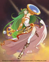 Rule 34 | 1girl, breasts, dress, fighting stance, full body, gradient background, green eyes, green hair, jewelry, kid icarus, kid icarus uprising, long dress, long hair, matching hair/eyes, metalhanzo, neck ring, necklace, nintendo, palutena, sandals, shield, side slit, single thighhigh, solo, staff, thighhighs, tiara, very long hair, watermark, white thighhighs