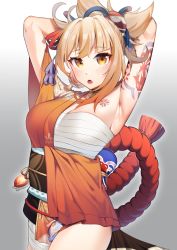 Rule 34 | 1girl, arm tattoo, armpits, arms behind head, arms up, bandages, bare shoulders, blonde hair, blush, breasts, chest tattoo, cowboy shot, esencey, genshin impact, gradient background, grey background, highres, japanese clothes, kimono, looking at viewer, medium breasts, open mouth, orange eyes, orange kimono, sarashi, solo, tattoo, yoimiya (genshin impact)