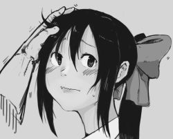 Rule 34 | 1girl, artist request, blush, bow, closed mouth, embarrassed, greyscale, hair between eyes, hair bow, hand on another&#039;s head, long hair, monochrome, noihara himari, omamori himari, headpat, ponytail, sketch, wavy mouth