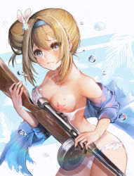 Rule 34 | 1girl, absurdres, bikini, blonde hair, blue eyes, blush, breasts, censored, cleavage, closed mouth, collarbone, commentary request, girls&#039; frontline, gun, hair between eyes, hair ornament, hairband, highres, holding, holding gun, holding weapon, long hair, looking at viewer, medium breasts, parayang, pasties, sidelocks, snowflake hair ornament, solo, starfish, submachine gun, suomi (girls&#039; frontline), suomi kp/-31, swimsuit, wardrobe malfunction, water drop, weapon, white bikini