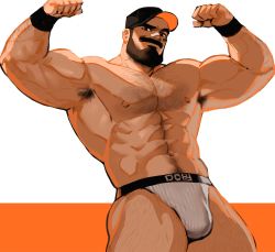 Rule 34 | 1boy, abs, arm hair, armpit hair, armpits, artist name, bandaid, bandaid on face, bandaid on nose, bara, beard, biceps, brown eyes, brown hair, bulge, chest hair, dopey (dopq), double biceps pose, facial hair, flexing, hairy, hat, highres, jockstrap, large pectorals, looking at viewer, male focus, male underwear, manly, mature male, muscular, muscular male, mustache, navel, navel hair, nipples, no pants, original, pectorals, raised eyebrows, smirk, solo, thick arms, thick eyebrows, thick thighs, thighs, topless male, underwear, wristband